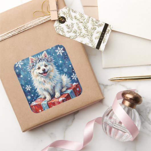 Sparkling American Eskimo Dog Festive Gift Cushion Vierkante Sticker (Geschenken)
