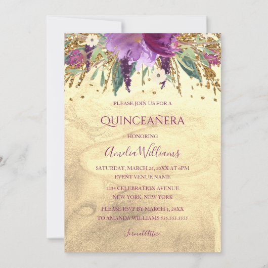 Sparkling Amethist Jurk Goud Quinceanera Uitnodige Kaart (Achterkant)