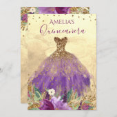 Sparkling Amethist Jurk Goud Quinceanera Uitnodige Kaart (Voorkant / Achterkant)