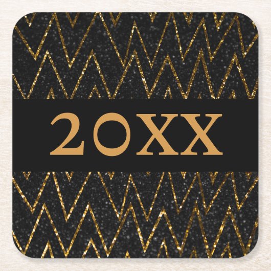 Sparkling Black & Chevron | Custom Gold Nieuwjaar Kartonnen Onderzetters (Voorkant)