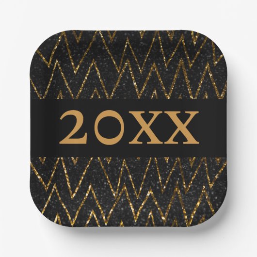 Sparkling Black & Chevron | Custom Gold Nieuwjaar Papieren Bordje (Voorkant)