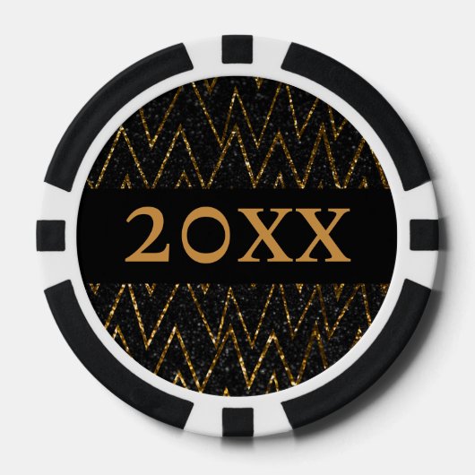 Sparkling Black & Chevron | Custom Gold Nieuwjaar Poker Chips (Voorkant)