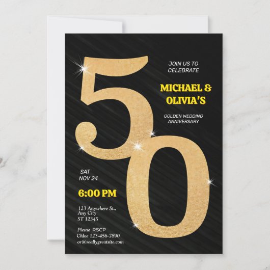 Sparkling Black & Gold 50e Gouden Jubileum Kaart (Voorkant)