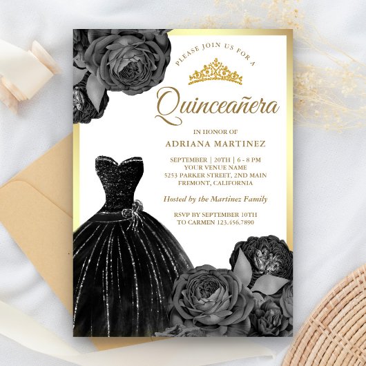 Sparkling Black Gown Grey Rozen Gold Quinceanera Kaart