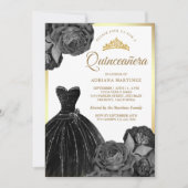 Sparkling Black Gown Grey Rozen Gold Quinceanera Kaart (Voorkant)