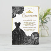 Sparkling Black Gown Grey Rozen Gold Quinceanera Kaart (Staand voorkant)