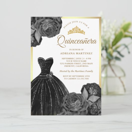 Sparkling Black Gown Grey Rozen Gold Quinceanera Kaart (Staand voorkant)