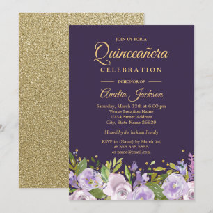 Sparkling Bloem Goud Paars Quinceanera Kaart