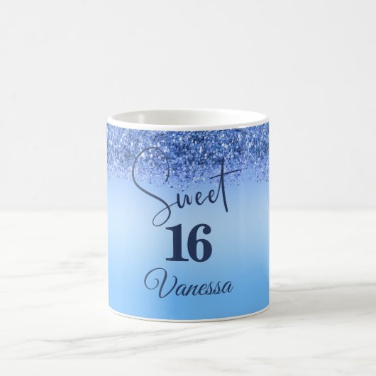 Sparkling Blue Faux Glitter Sweet 16 Coffee Mok (Center)