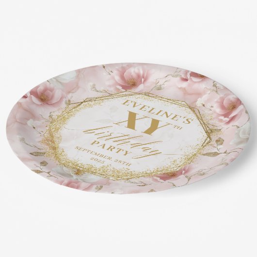 Sparkling Blush Bloemen Gouden Verjaardag Papier B Papieren Bordje (Gekanteld)