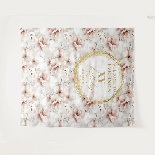 Sparkling Blush Floral Birthday Party Backdrop Wandkleed (Voorkant (horizontaal))