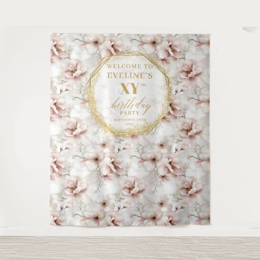 Sparkling Blush Floral Birthday Party Backdrop Wandkleed (Voorkant)