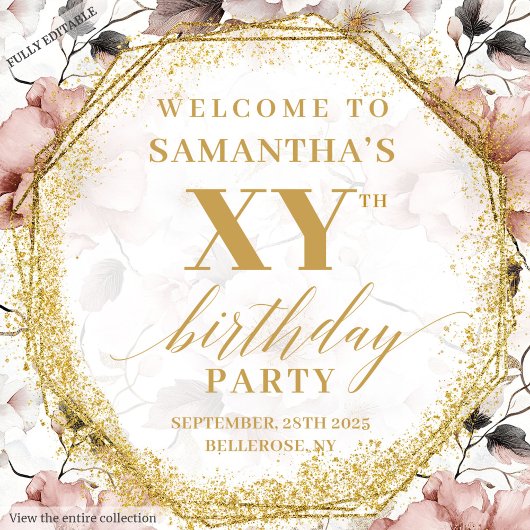 Sparkling Blush Floral Birthday Party Backdrop Wandkleed