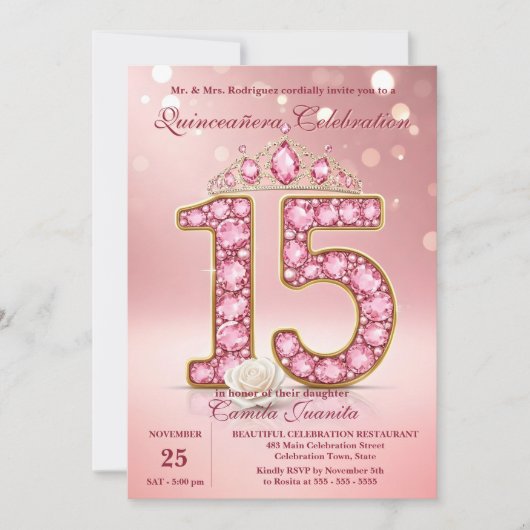 Sparkling Blush Pink 15 Tiara Rose Quinceañera Kaart (Voorkant)