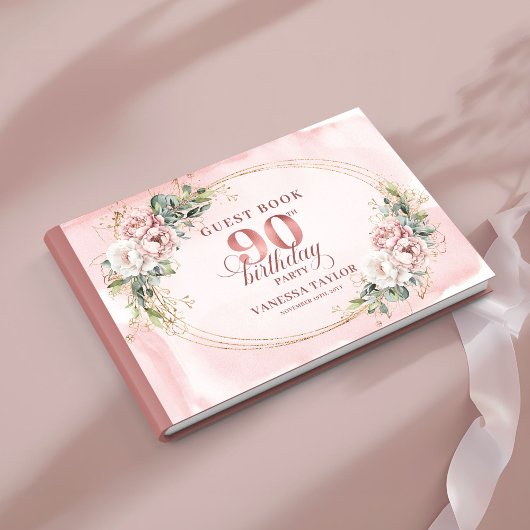 Sparkling Blush Pink Gold Eucalyptus 90th Birthday Gastenboek
