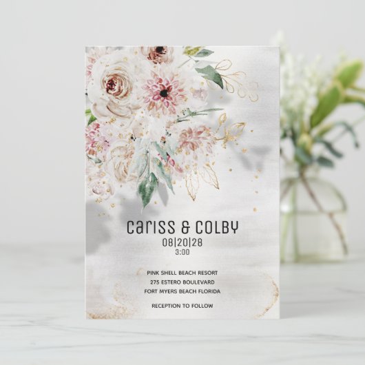 Sparkling Blush White & Greenery Wedding Uitnodigi Aankondiging (Staand voorkant)