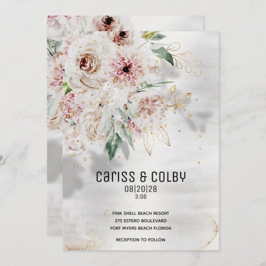 Sparkling Blush White & Greenery Wedding Uitnodigi Aankondiging (Voorkant / Achterkant)