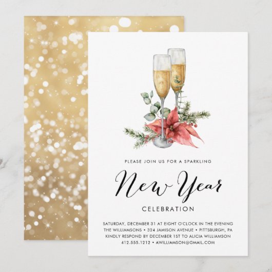 Sparkling Champagne en groen Nieuwjaarsfeest Kaart (Voorkant / Achterkant)