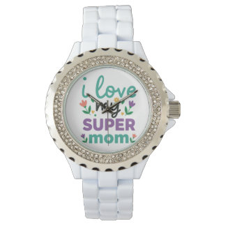 Sparkling Diamond Bezel Super Mom White Link Watch Horloge