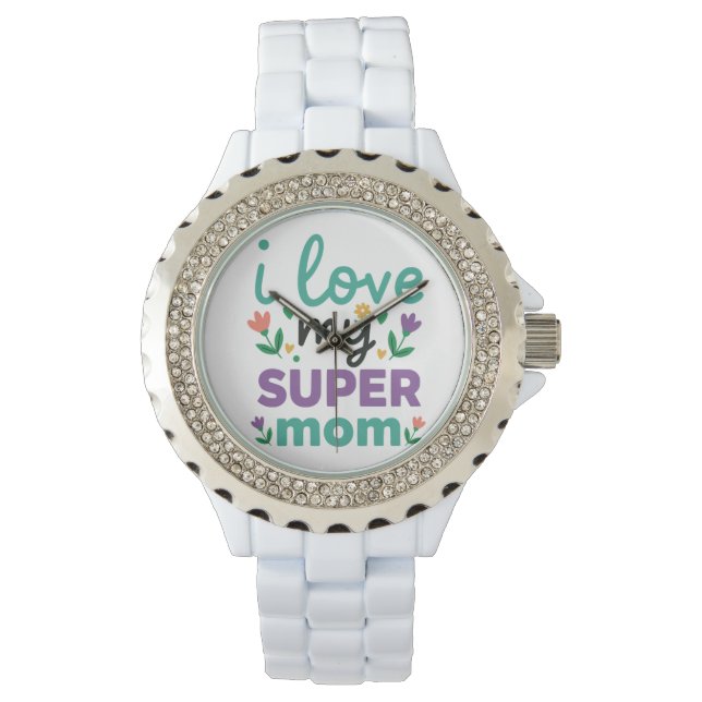 Sparkling Diamond Bezel Super Mom White Link Watch Horloge (Voorkant)