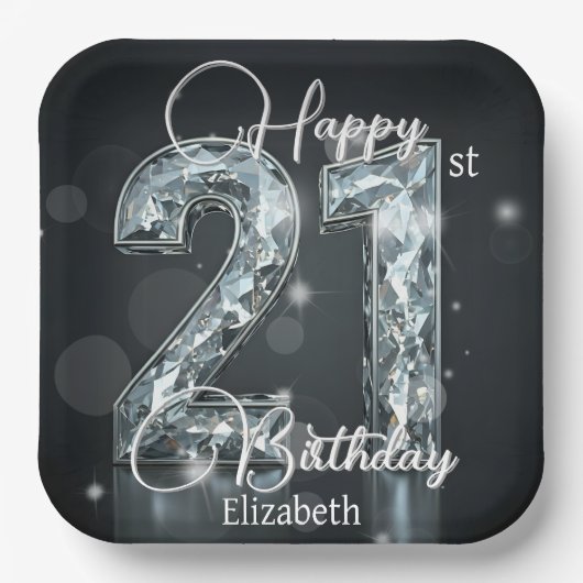 Sparkling Diamond Number op Black 21st Birthday Papieren Bordje (Voorkant)