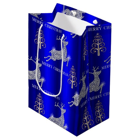 Sparkling Diamond Rendier Zilver Kerstblauw Medium Cadeauzakje (Voorkant Gekanteld)