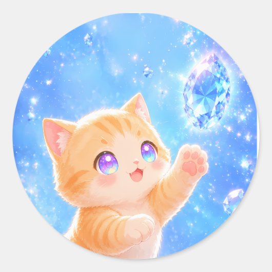 Sparkling Dreams: Kitten & Blue Gems Ronde Sticker (Voorkant)