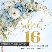 Sparkling Dusty Blue Greenery Sweet Sixteen Invite Kaart