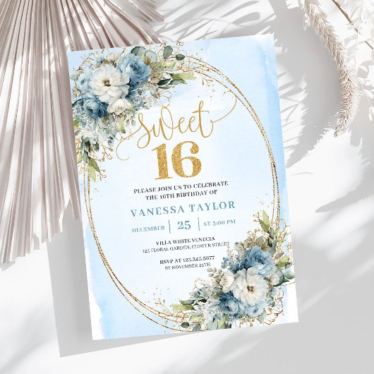 Sparkling Dusty Blue Greenery Sweet Sixteen Invite Kaart