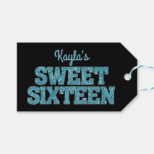 Sparkling Edge Blauw Glitter Look Sweet 16 Cadeaulabel (Voorkant (Horizontaal))