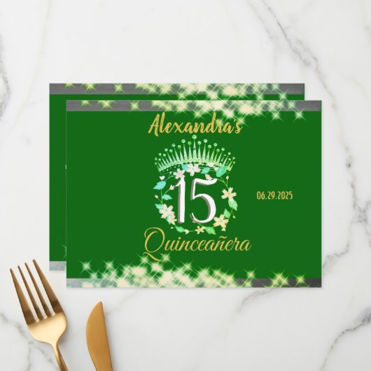 Sparkling Emerald Green Quinceañera Spaans Menu (Voorkant / Achterkant in situ)
