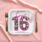 Sparkling Glam Chic Pink & White Edelsteen Sweet 1 Papieren Bordje
