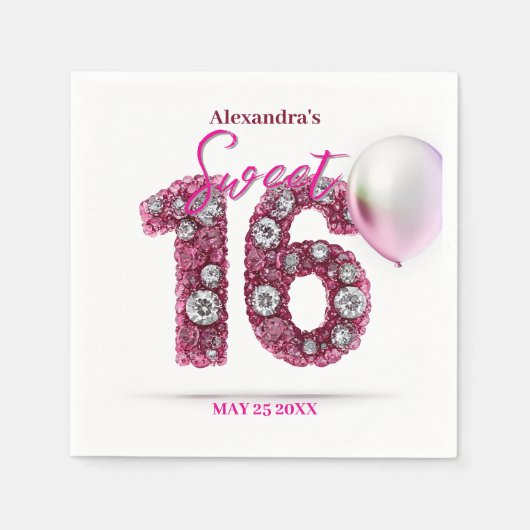 Sparkling Glam Roze & Witte Edelsteen Sweet 16 Servet (Voorkant)