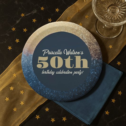 Sparkling Glitter Blauw en Goud Verjaardagsfeest Papieren Bordje