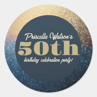 Sparkling Glitter Blauw en Goud Verjaardagsfeest Ronde Sticker