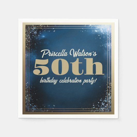 Sparkling Glitter Blauw en Goud Verjaardagsfeest Servet (Voorkant)