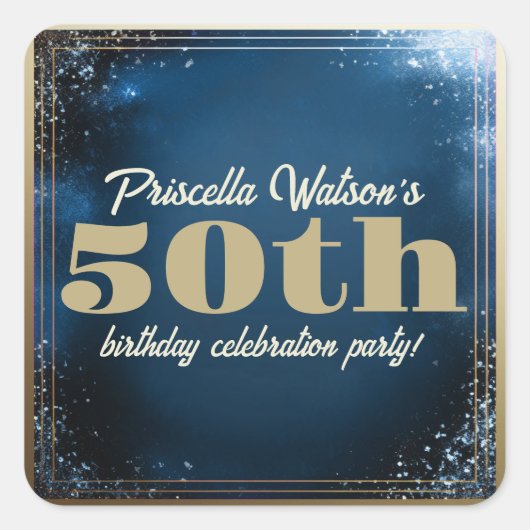 Sparkling Glitter Blauw en Goud Verjaardagsfeest Vierkante Sticker (Voorkant)
