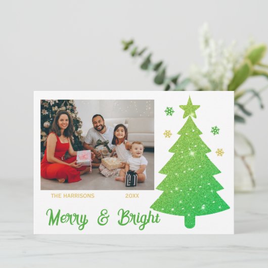 Sparkling Glitter Christmas Tree One Foto Feestdagenkaart (Staand voorkant)