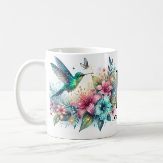Sparkling Glitter Elegant Hummingbird Monogram Koffiemok (Links)