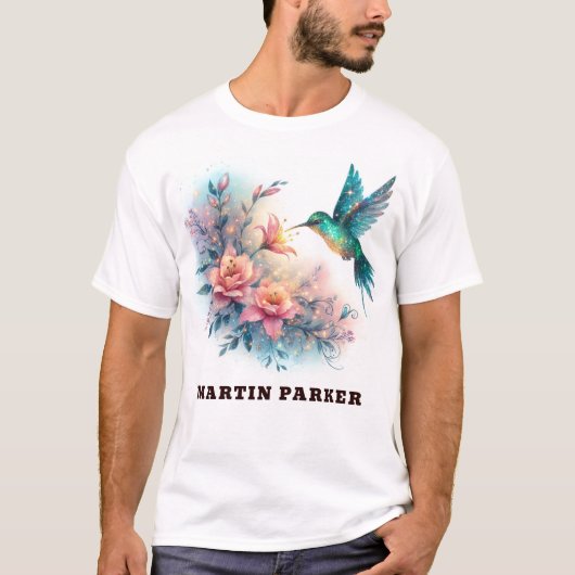 Sparkling Glitter Hummingbird Hovering Custom Mann T-shirt (Voorkant)