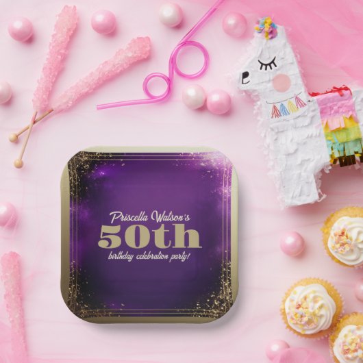 Sparkling Glitter Paarse en Gouden Verjaardagsfees Papieren Bordje (Feest)