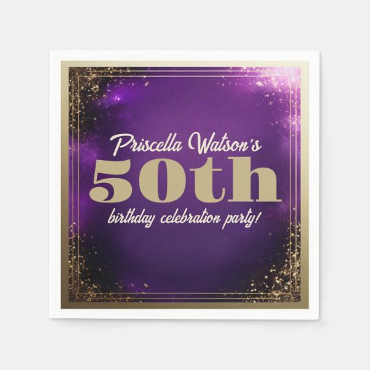Sparkling Glitter Paarse en Gouden Verjaardagsfees Servet (Voorkant)