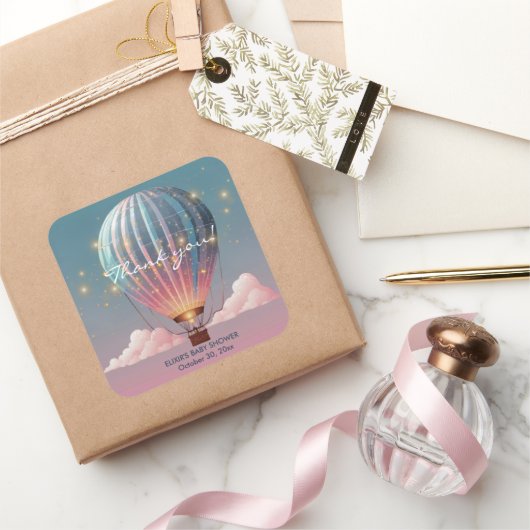 Sparkling Glitters Hete Luchtballon Baby shower Vierkante Sticker (Geschenken)