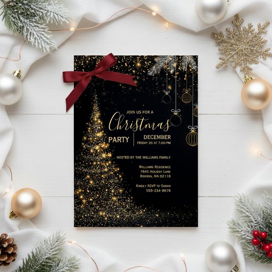 Sparkling Gold Christmas Tree Invitation Kaart