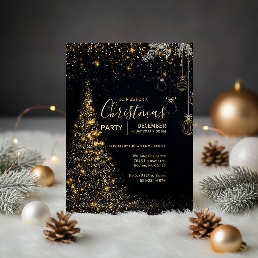 Sparkling Gold Christmas Tree Invitation Kaart