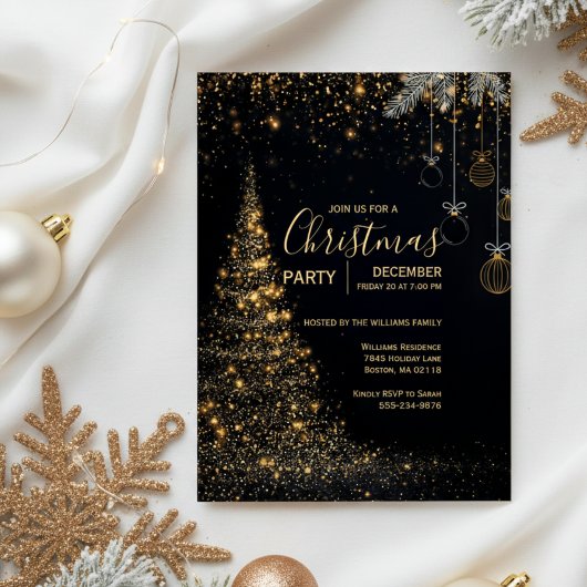 Sparkling Gold Christmas Tree Invitation Kaart