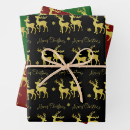 Sparkling Gold Glitter Deer Merry Christmas Inpakpapier Vel