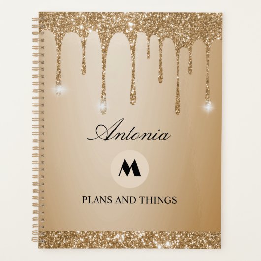 Sparkling Gold Glitter Dripping Beige Planner (Voorkant)