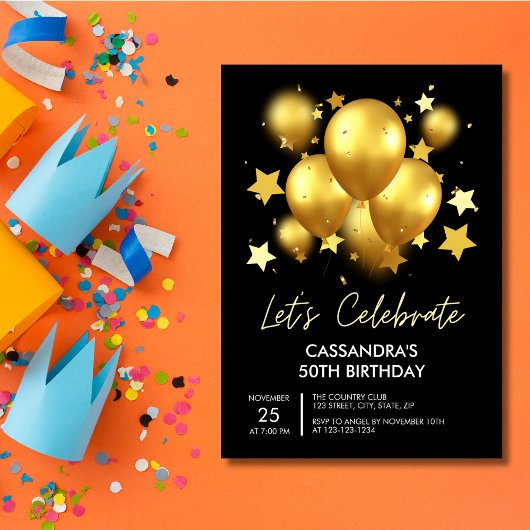 Sparkling Golden Balloons Stars Black Birthday Kaart