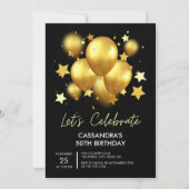 Sparkling Golden Balloons Stars Black Birthday Kaart (Voorkant)